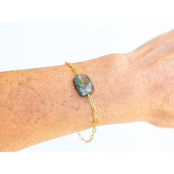 Beautiful Labradorite Gemstone Faceted Bracelet Gold Paperclip Chain Bracelet - Picture 3 of 6